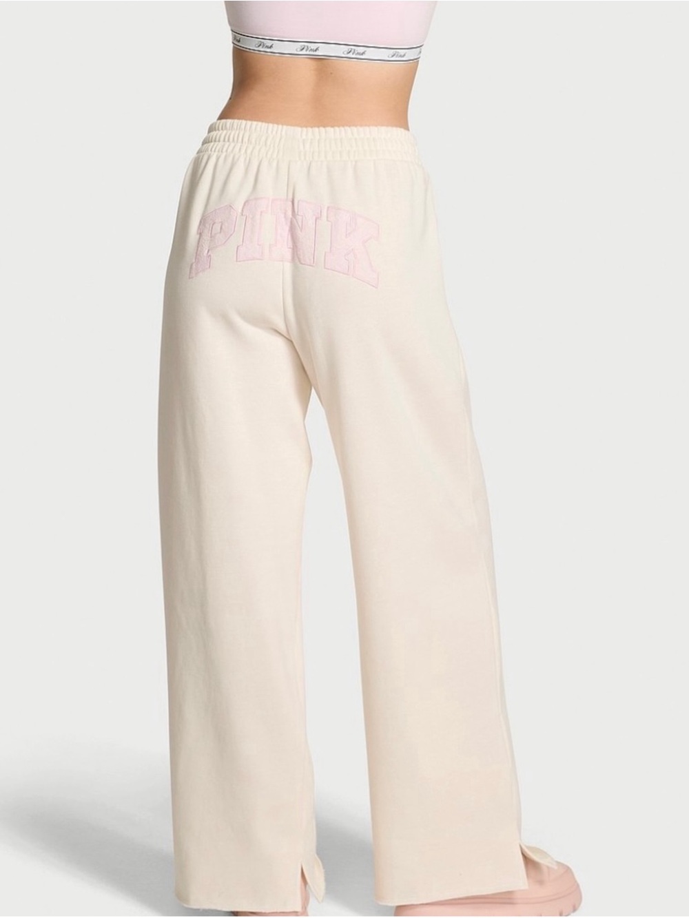 VICTORIA’S SECRET PINK Wide Leg Pants in Cream with Pink Logo.